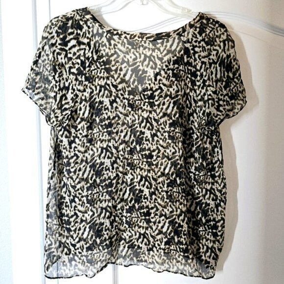 Talbots Women's Sheer Blouse Size 10 Brown Ivory Abstract Animal Short Sleeves - Picture 11 of 12